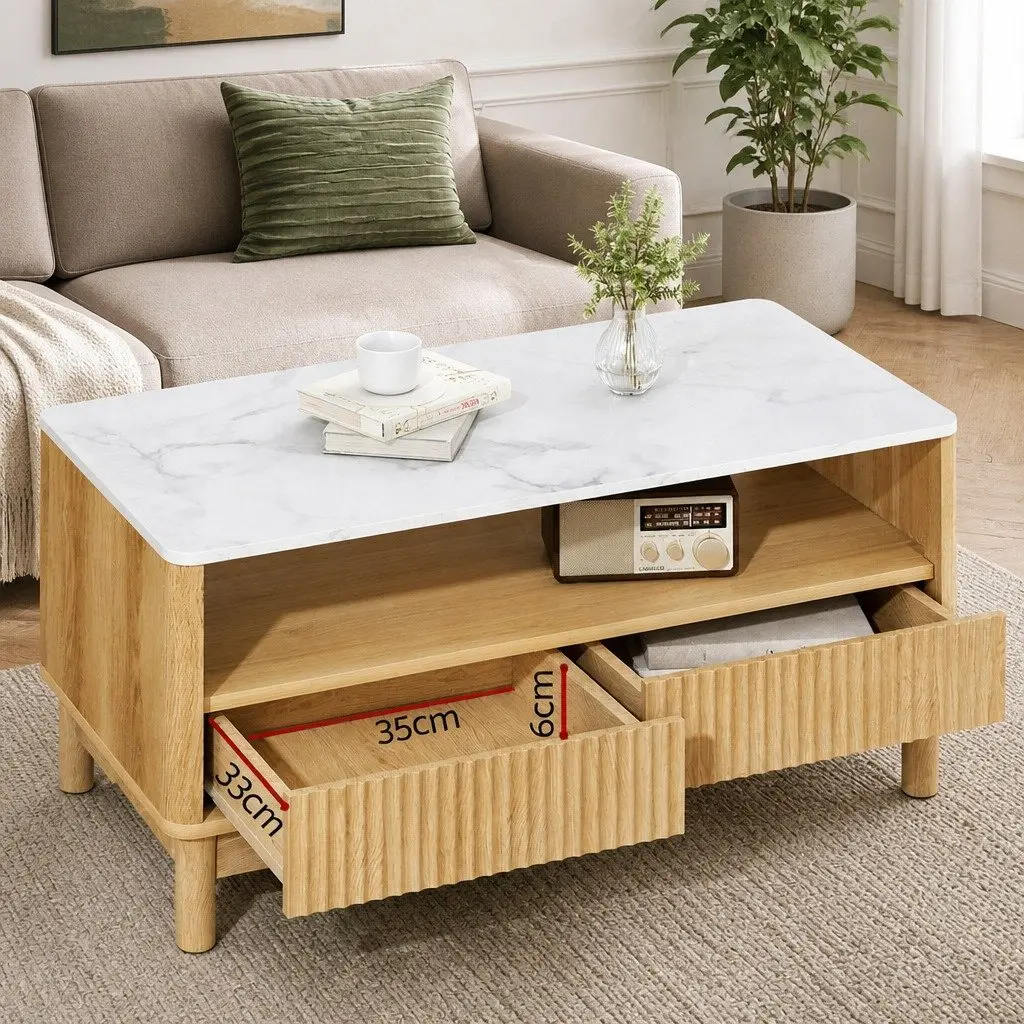 Coffee Table Marble Effect White Wood 90cm MDF Pine