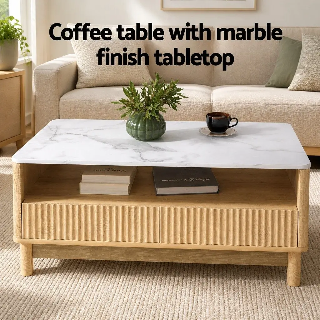 Coffee Table Marble Effect White Wood 90cm MDF Pine