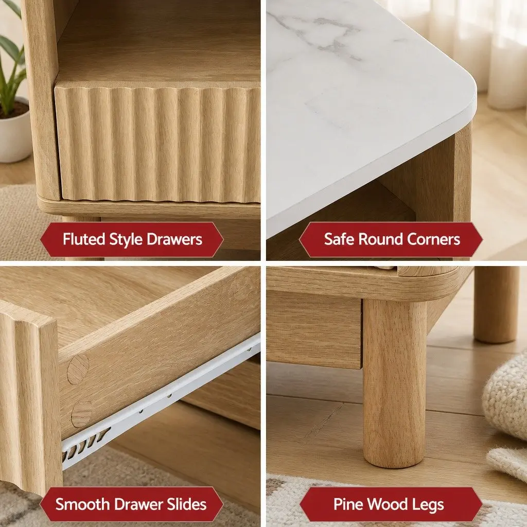Coffee Table Marble Effect White Wood 90cm MDF Pine