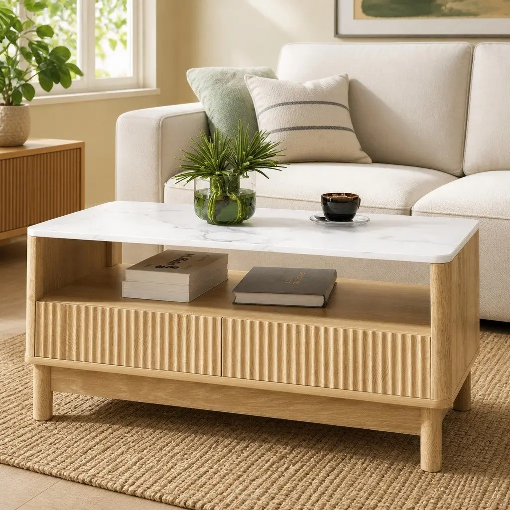 Coffee Table Marble Effect White Wood 90cm MDF Pine
