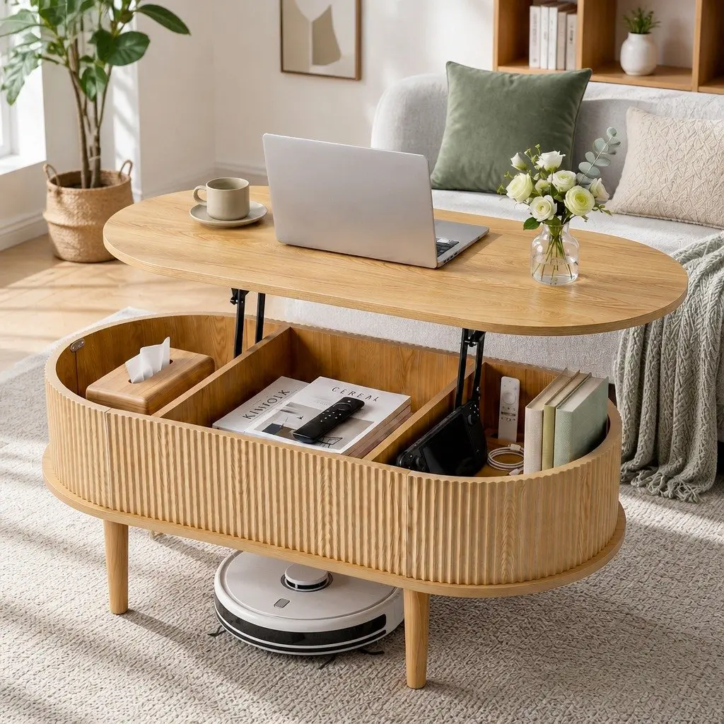 Lift Top Coffee Table Oval 100cm MDF Pop-Up Desk Living Room