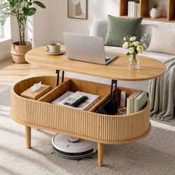 Lift Top Coffee Table Oval 100cm Hidden Storage Pop-Up Desk Living Room