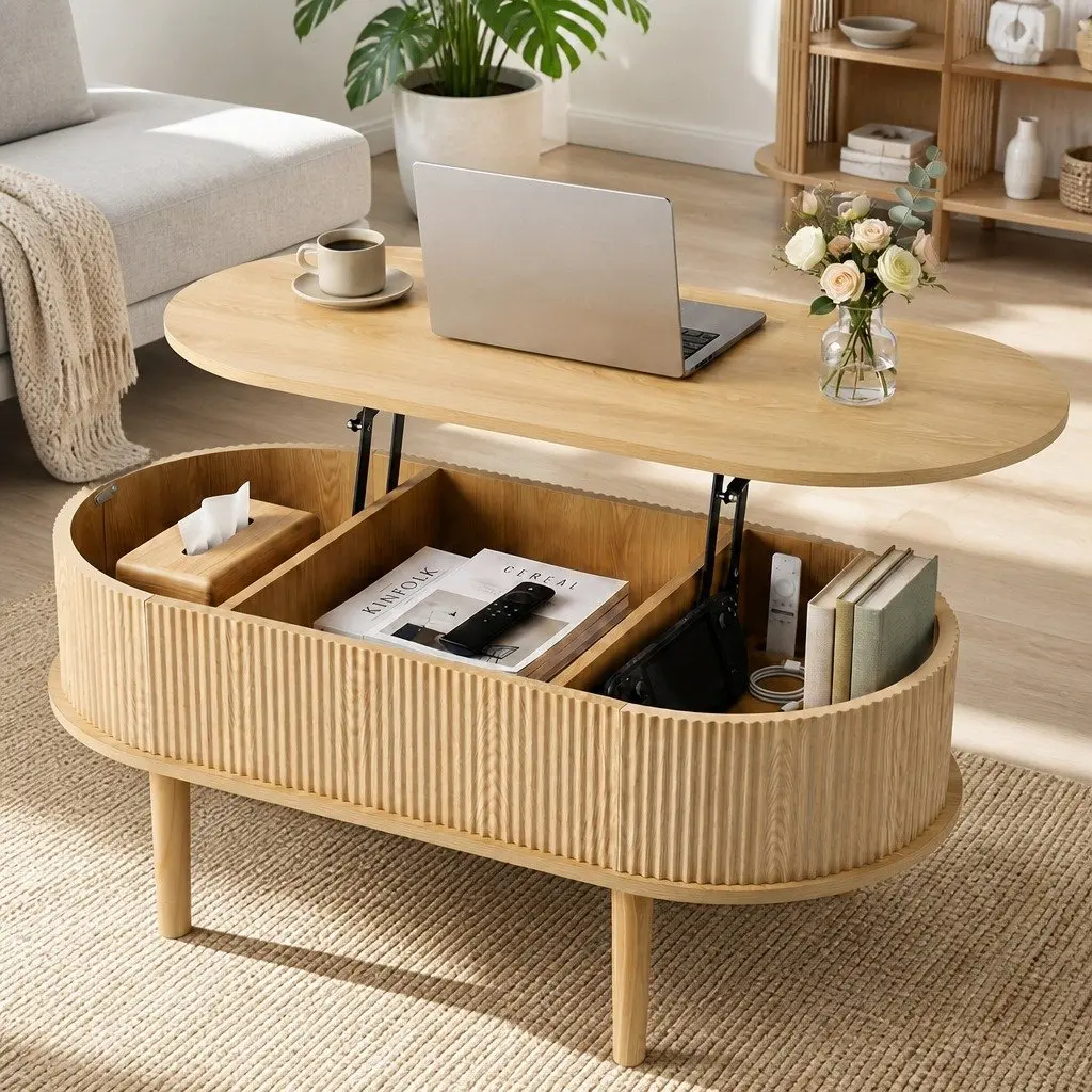 Lift Top Coffee Table Oval 100cm MDF Pop-Up Desk Living Room
