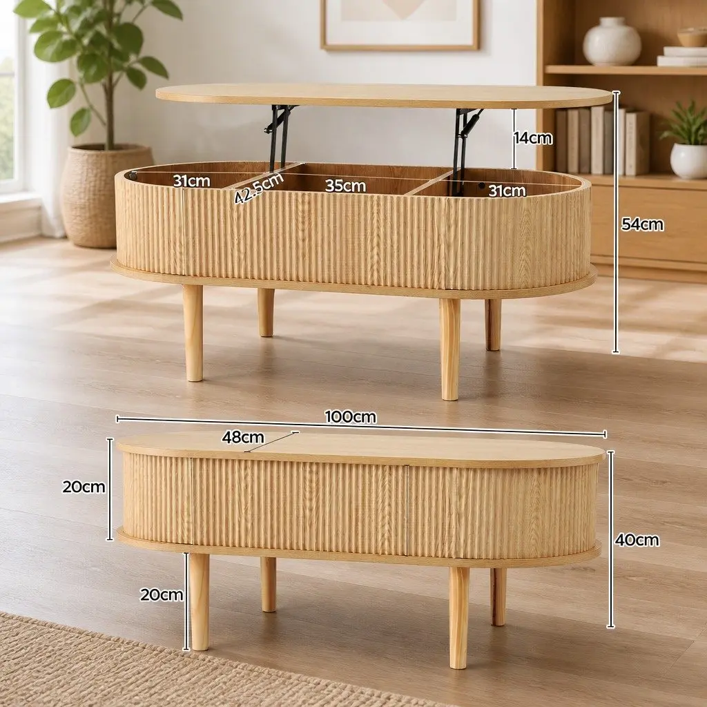 Lift Top Coffee Table Oval 100cm MDF Pop-Up Desk Living Room