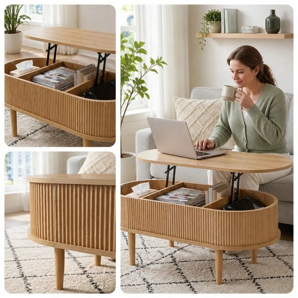 Lift Top Coffee Table Oval 100cm MDF Pop-Up Desk Living Room