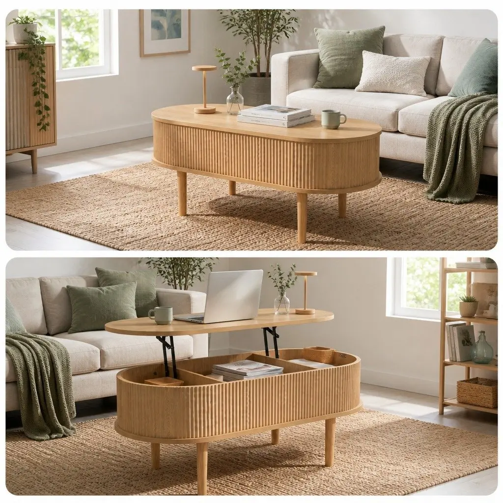 Lift Top Coffee Table Oval 100cm MDF Pop-Up Desk Living Room
