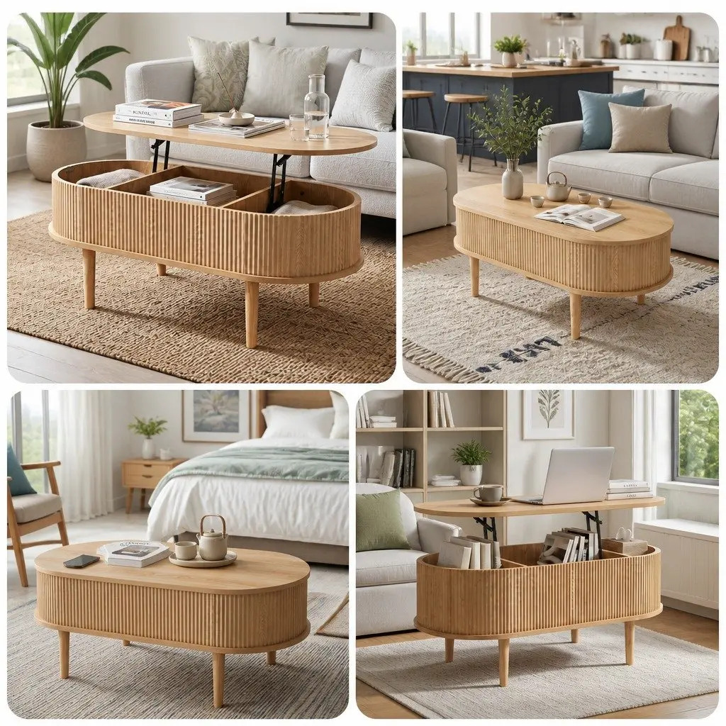 Lift Top Coffee Table Oval 100cm MDF Pop-Up Desk Living Room