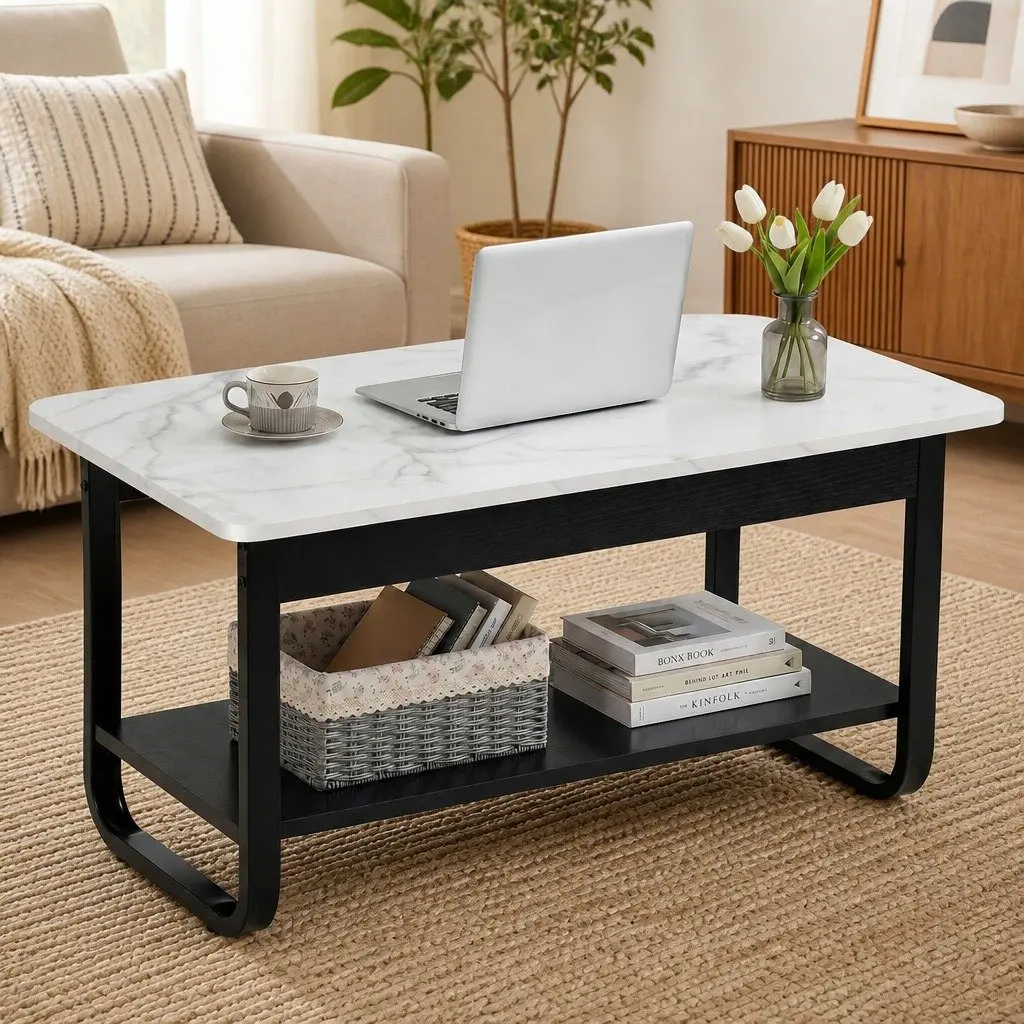 2-Tier Coffee Table 80CM Marble Rectangular Living Room Storage Shelf