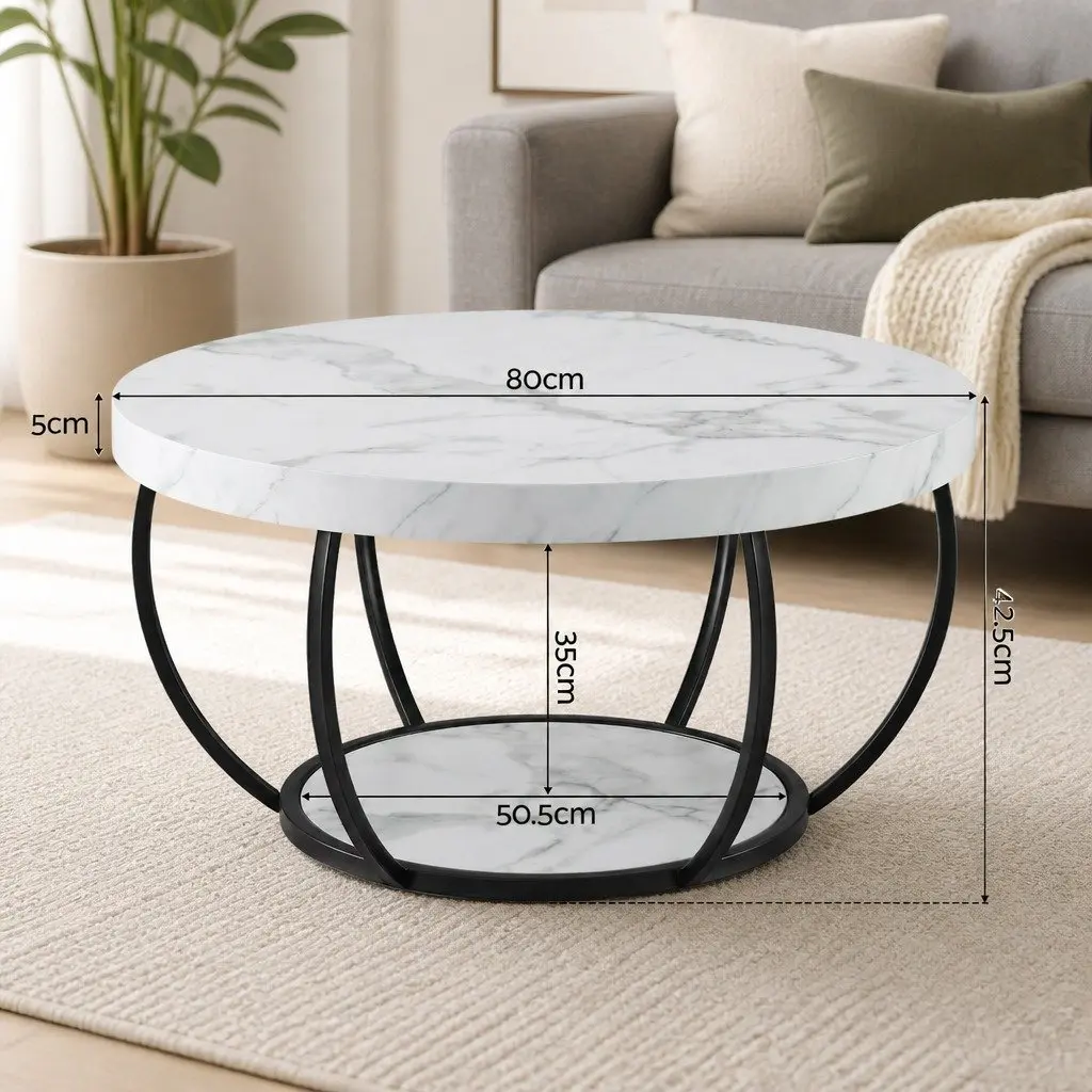 Round Coffee Table 2-Tier Marble White Black Living Room Furniture Storage