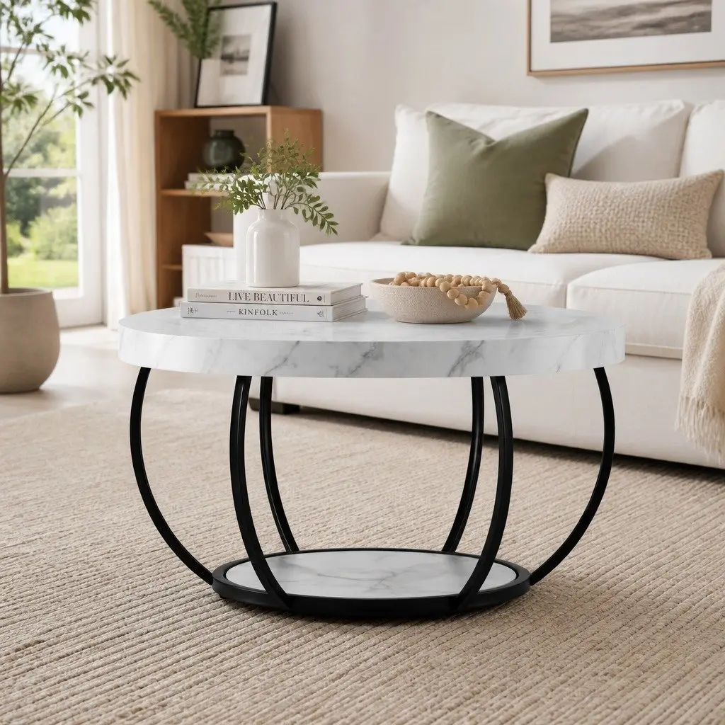 Round Coffee Table 2-Tier Marble White Black Living Room Furniture Storage