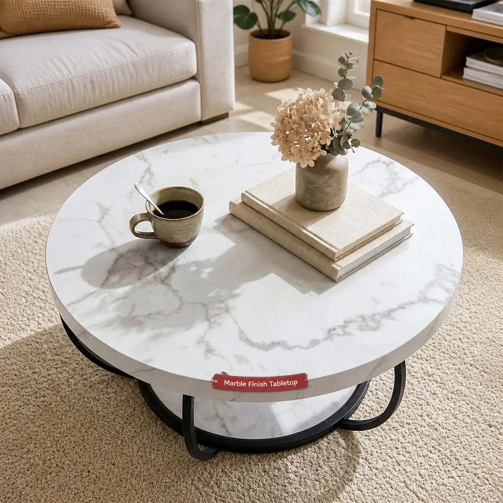 Round Coffee Table 2-Tier Marble White Black Living Room Furniture Storage