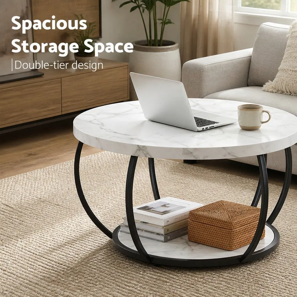 Round Coffee Table 2-Tier Marble White Black Living Room Furniture Storage