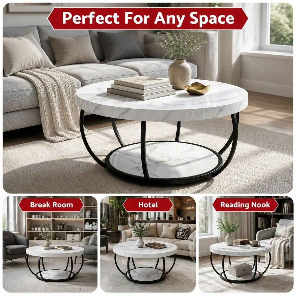 Round Coffee Table 2-Tier Marble White Black Living Room Furniture Storage