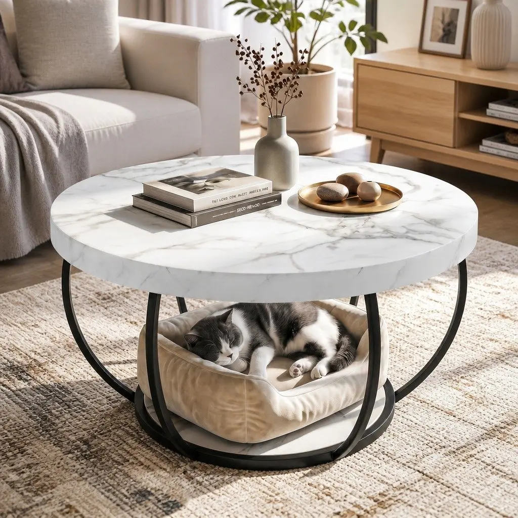 Round Coffee Table 2-Tier Marble White Black Living Room Furniture Storage