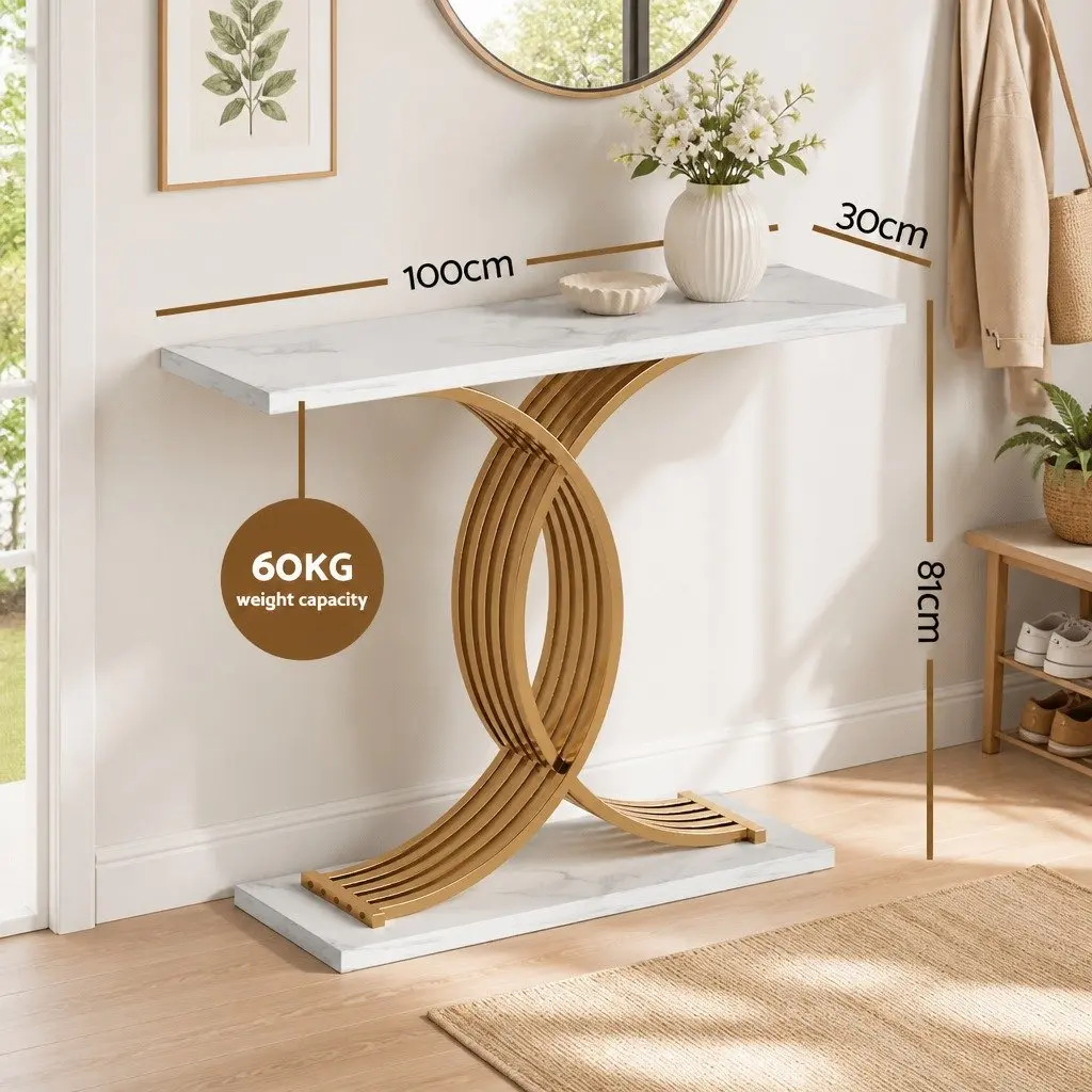 Console Table Marble Effect White Gold MDF Metal 100cm x 30cm x 81cm