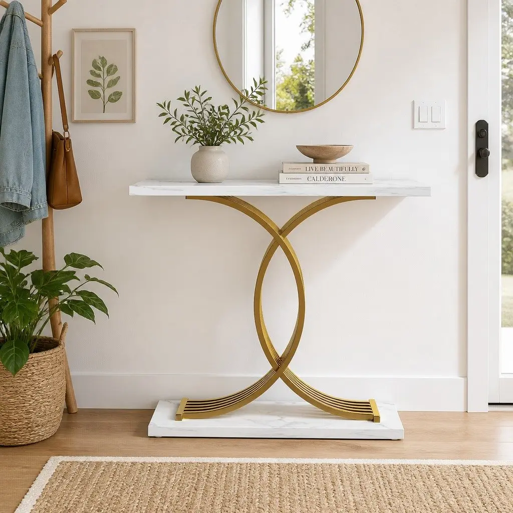 Console Table Marble Effect White Gold MDF Metal 100cm x 30cm x 81cm