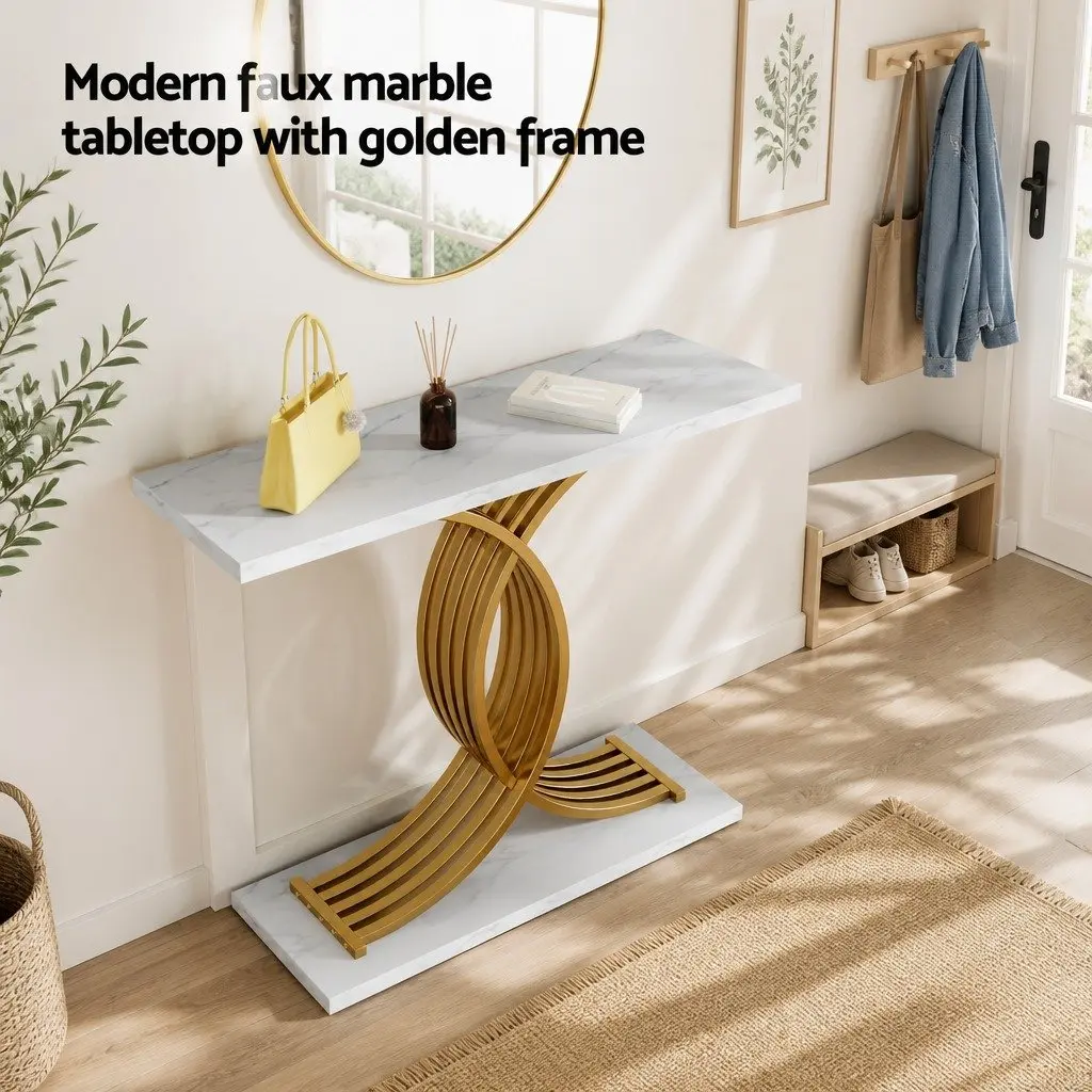 Console Table Marble Effect White Gold MDF Metal 100cm x 30cm x 81cm