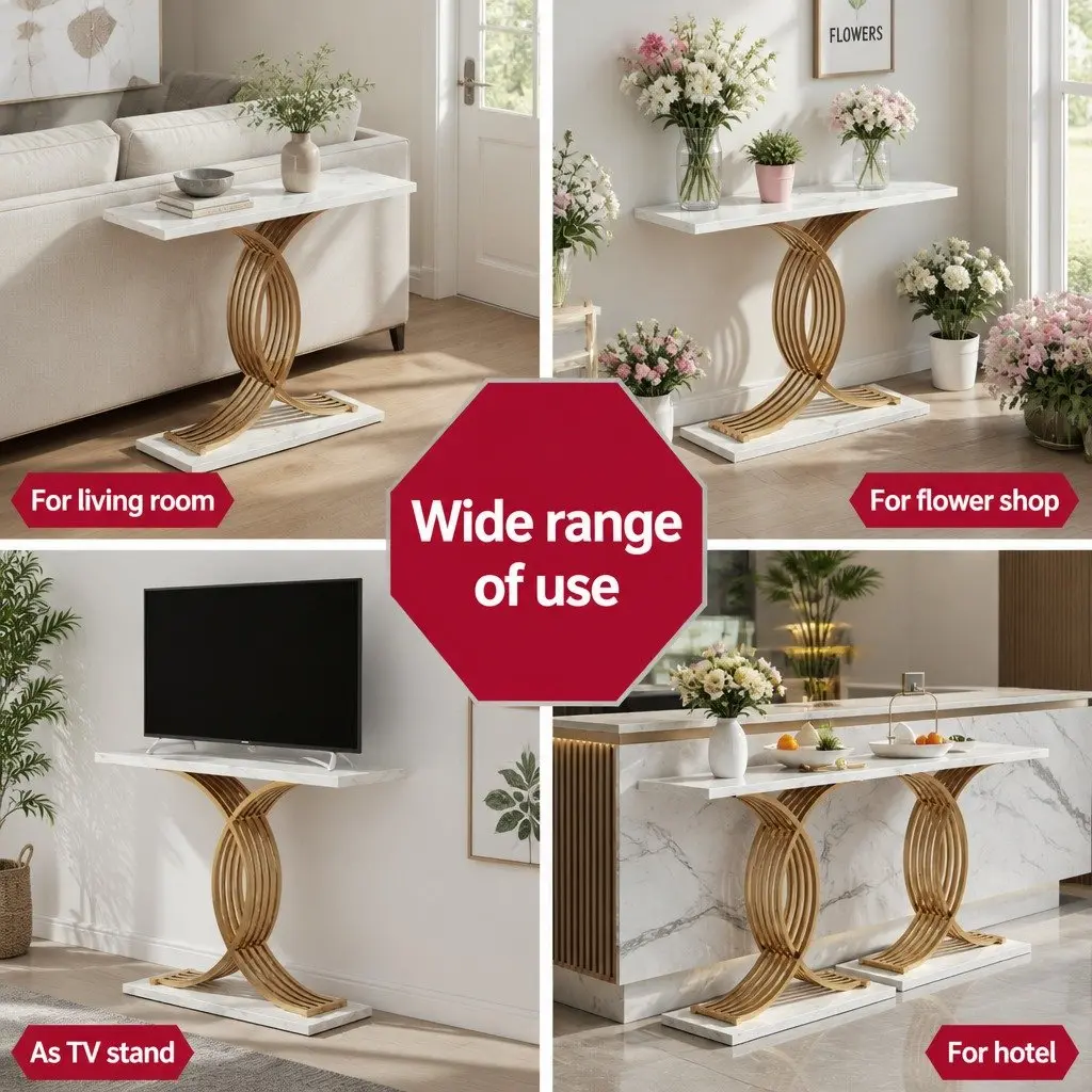 Console Table Marble Effect White Gold MDF Metal 100cm x 30cm x 81cm
