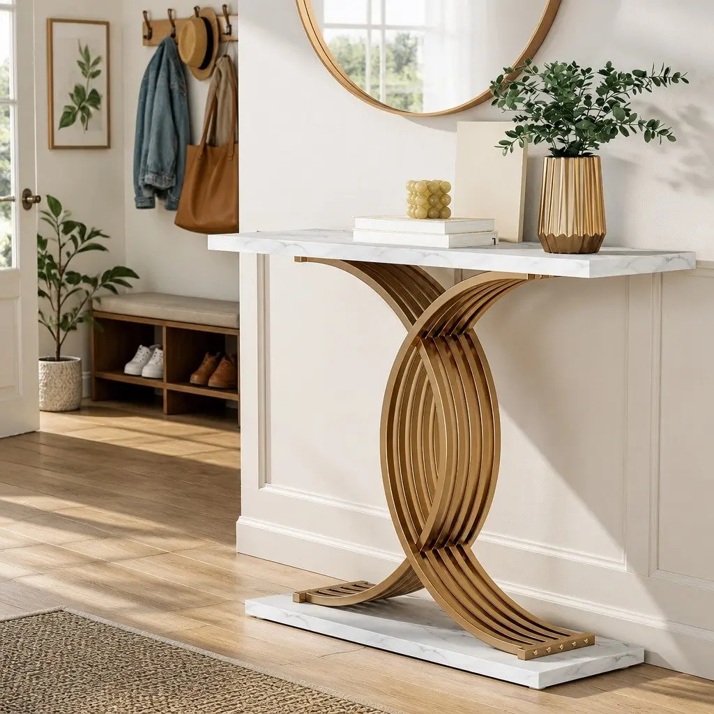 Console Table Marble Effect White Gold MDF Metal 100cm x 30cm x 81cm