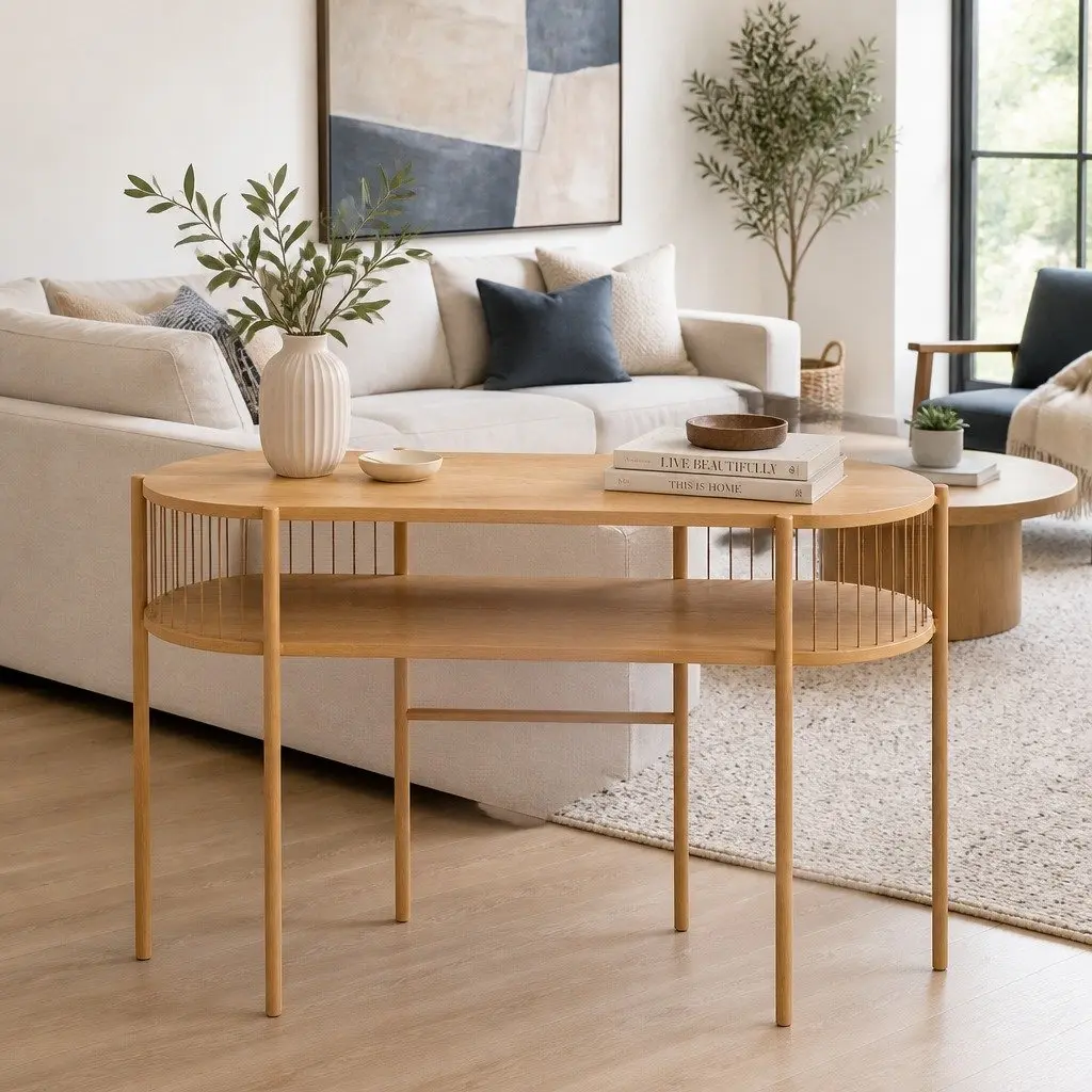Console Table Rustic Pine 124CM 2-Tier Storage Metal Frame