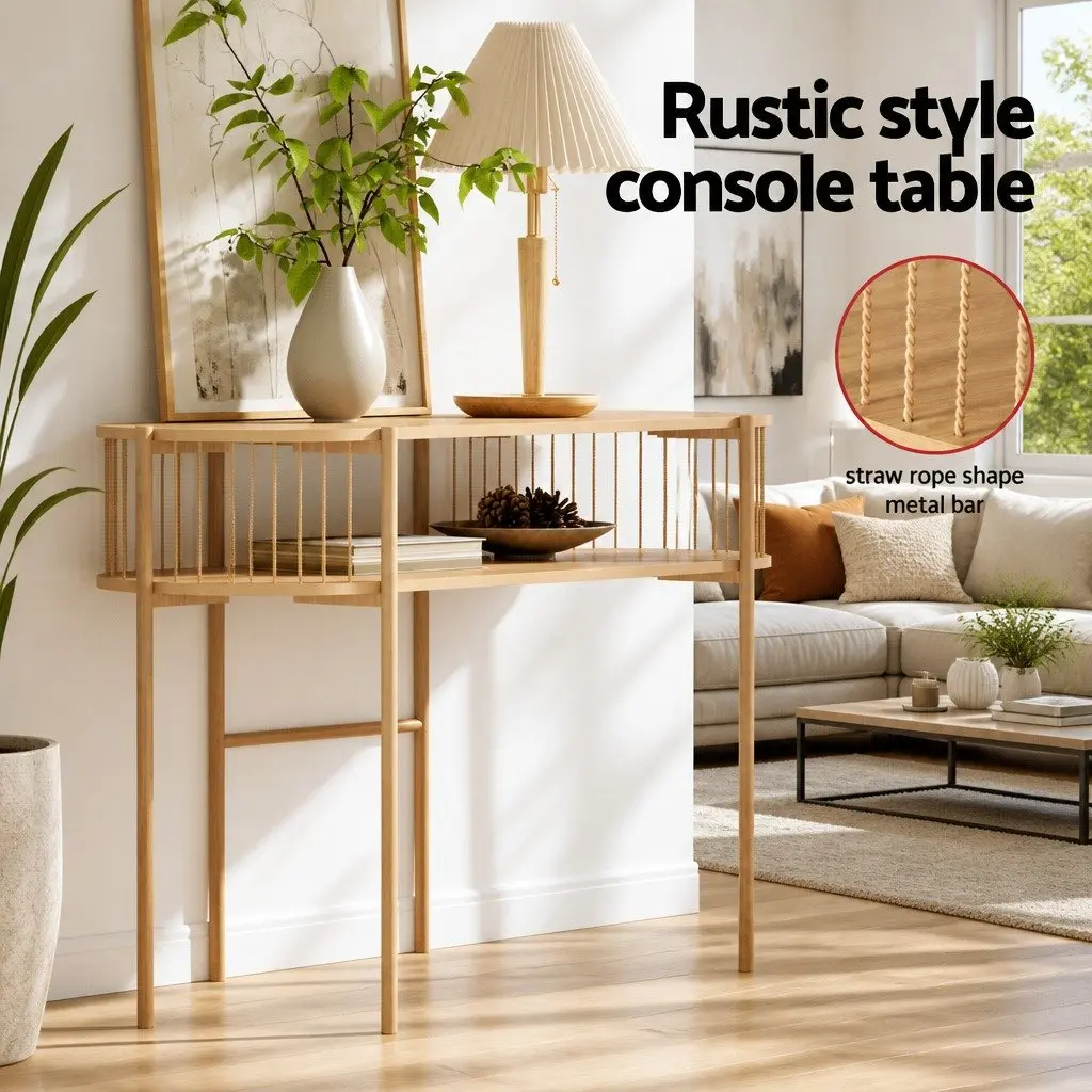 Console Table Rustic Pine 124CM 2-Tier Storage Metal Frame