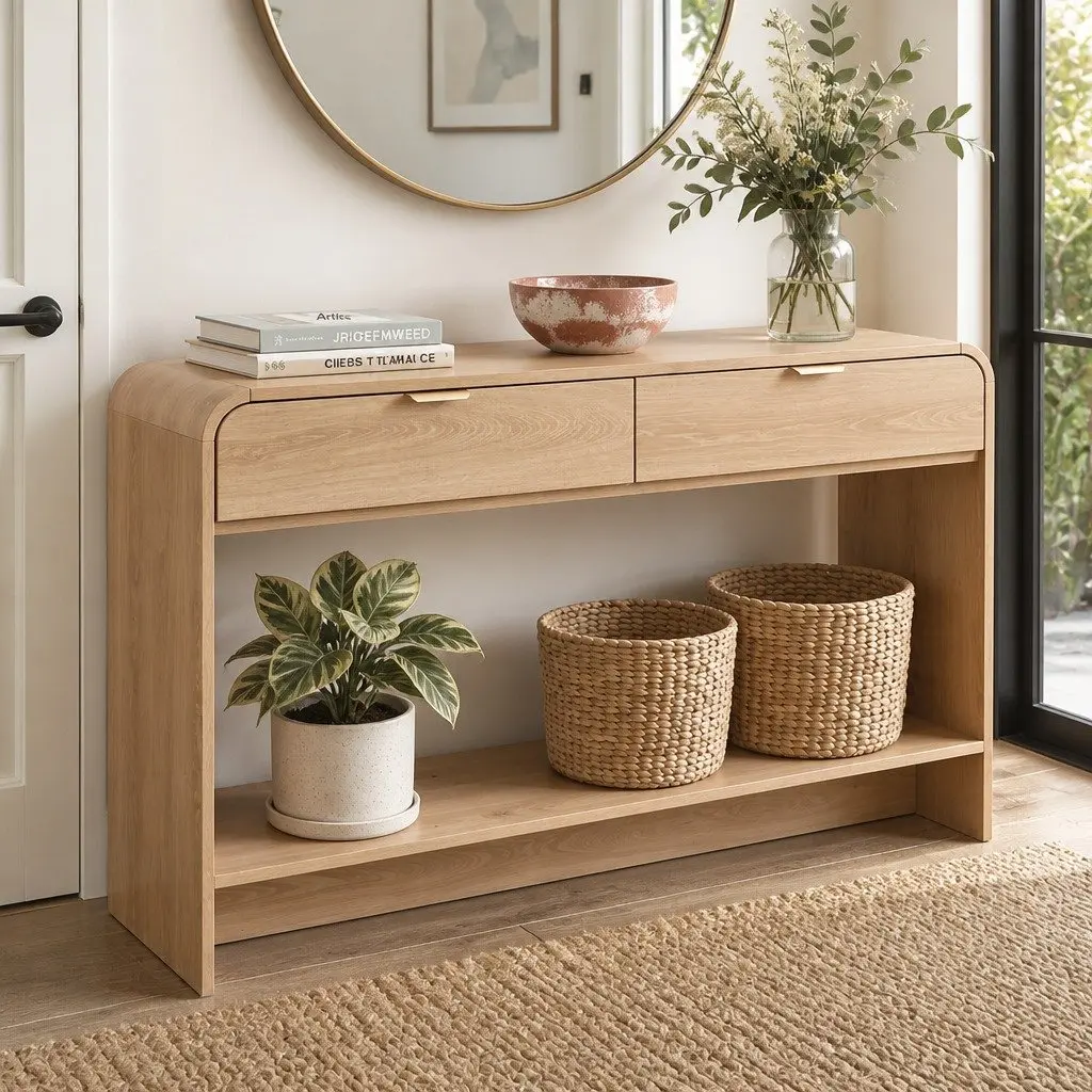 Pine Console Table with Drawer and Shelf for Entryway