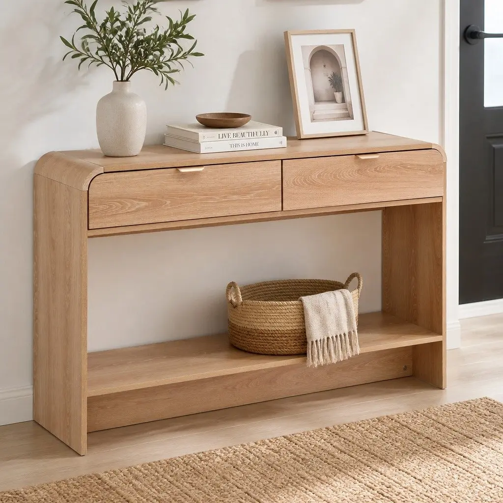 Console Table Pine 120CM Curved Edge Two Drawer Open Shelf