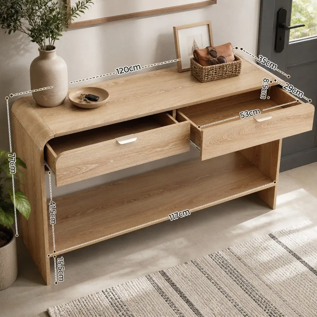 Console Table Pine 120CM Curved Edge Two Drawer Open Shelf