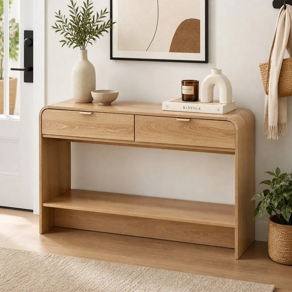 Console Table Pine 120CM Curved Edge Two Drawer Open Shelf