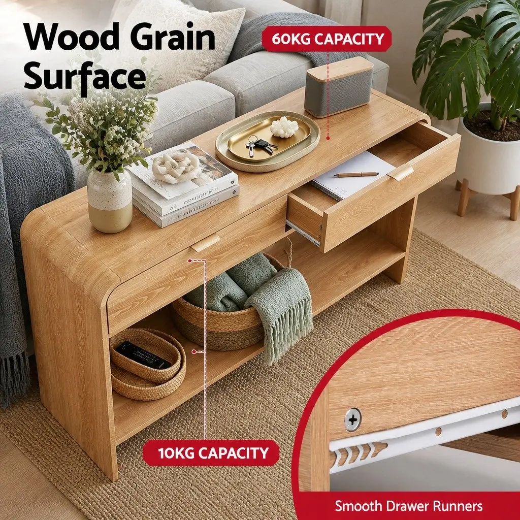Console Table Pine 120CM Curved Edge Two Drawer Open Shelf