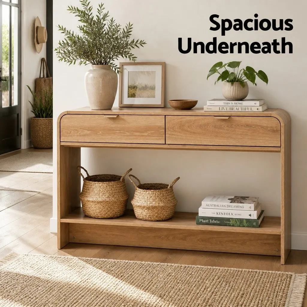 Console Table Pine 120CM Curved Edge Two Drawer Open Shelf