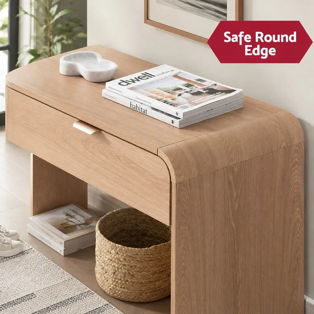 Console Table Pine 120CM Curved Edge Two Drawer Open Shelf