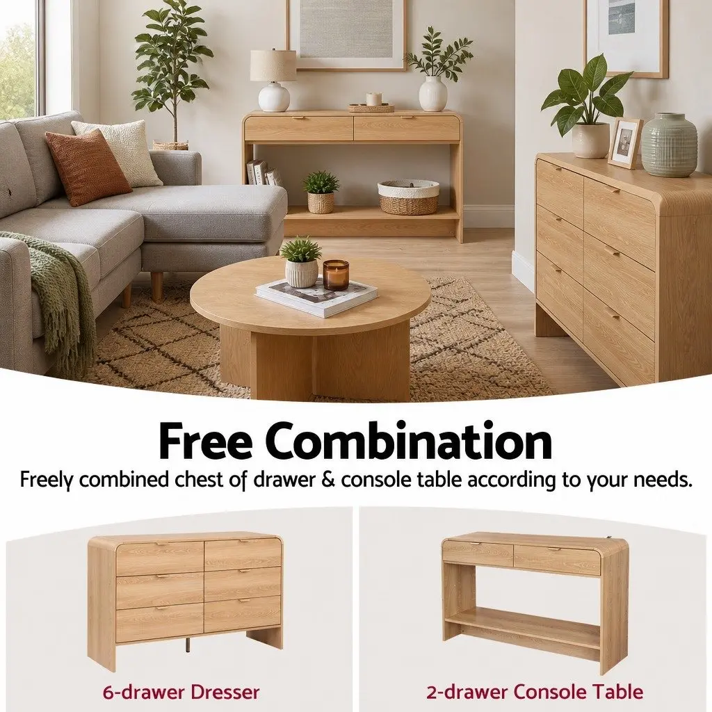 Console Table Pine 120CM Curved Edge Two Drawer Open Shelf