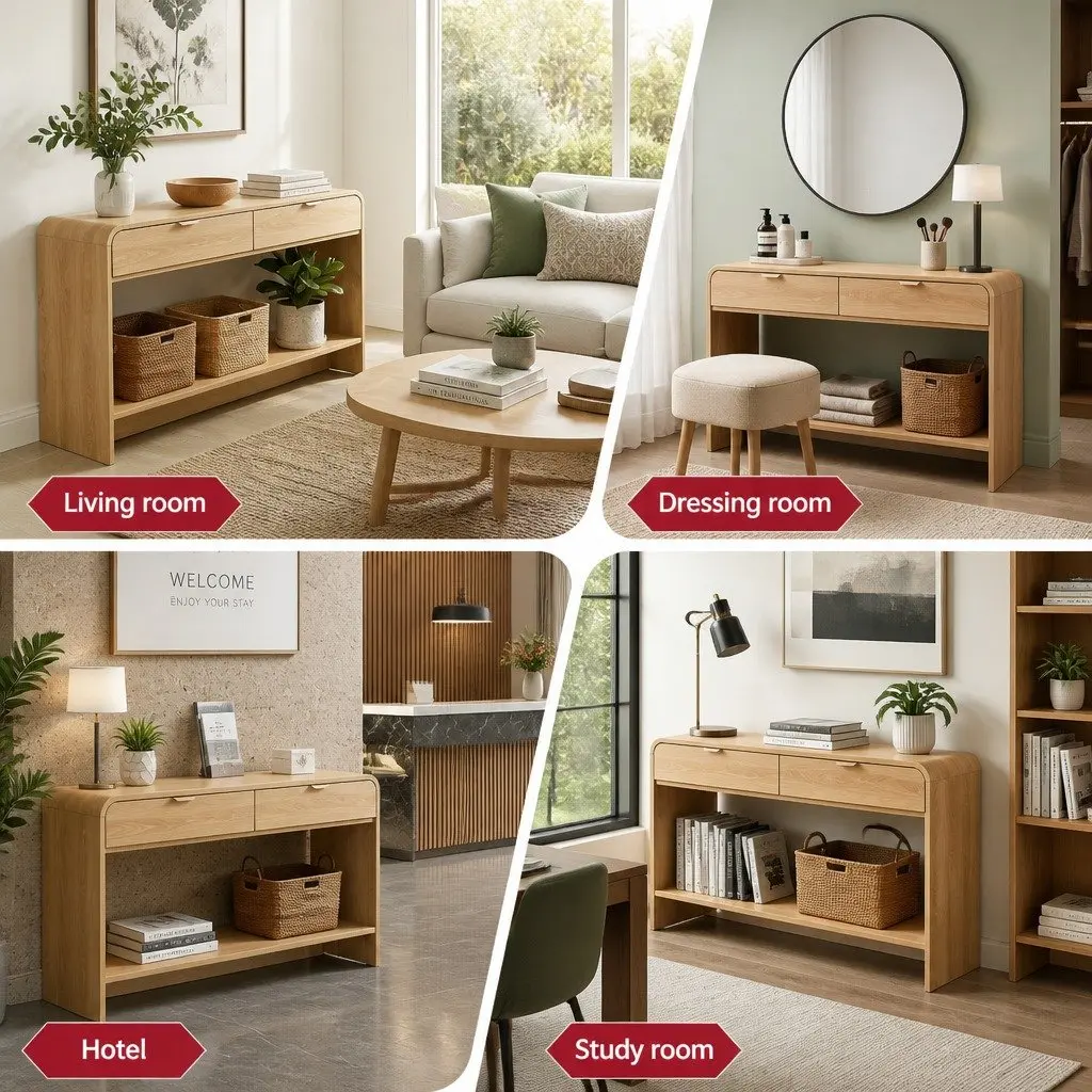 Console Table Pine 120CM Curved Edge Two Drawer Open Shelf