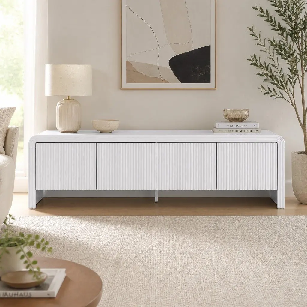 White TV Unit 180cm Entertainment Storage Cabinet with Soft Close Doors