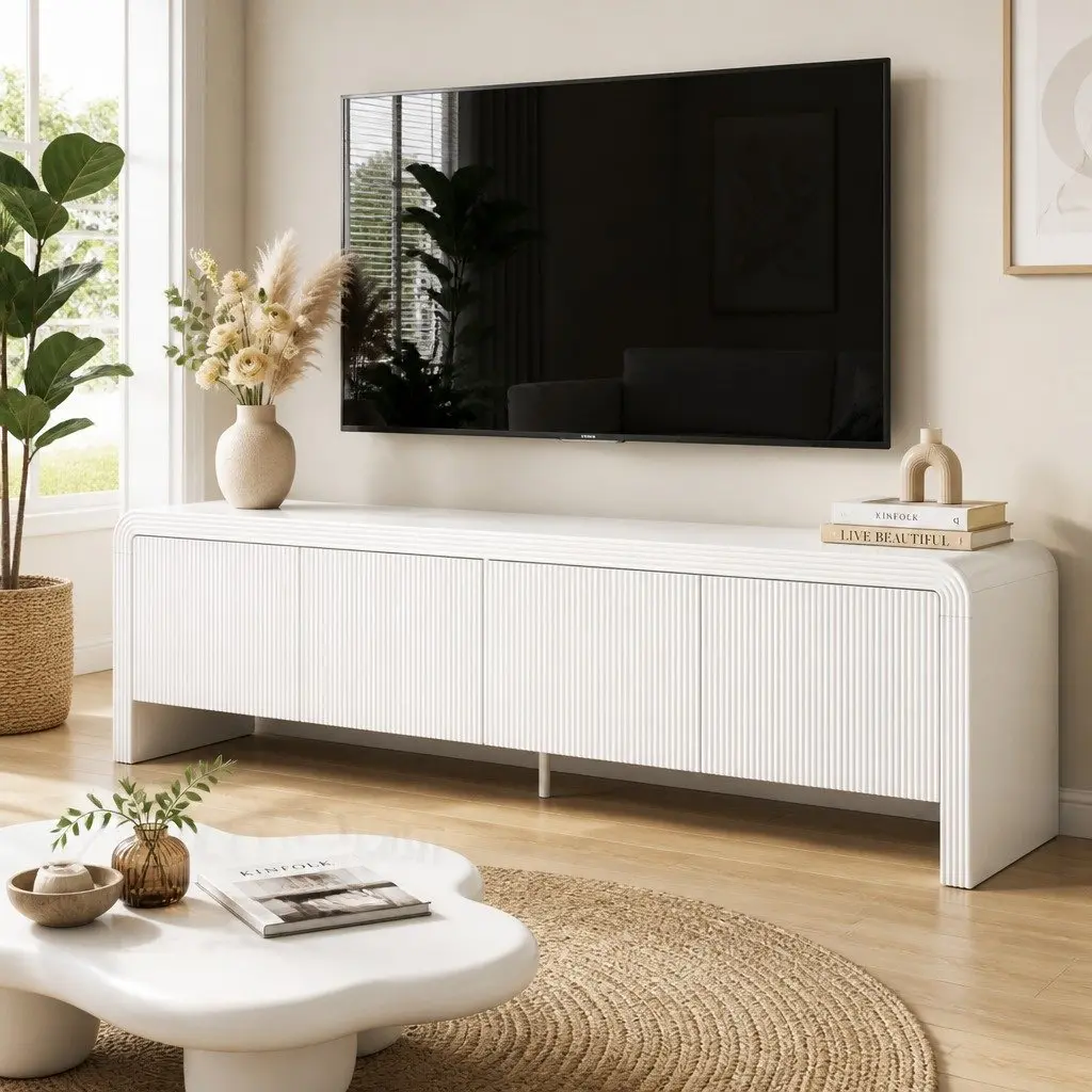 White TV Unit 180cm Entertainment Storage Cabinet with Soft Close Doors