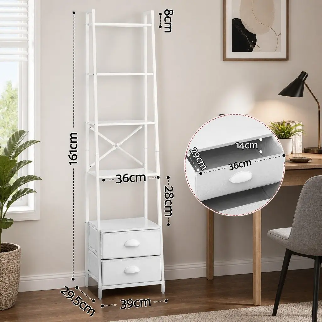 5 Tier Ladder Bookcase White Metal Frame Particle Board Shelves with Fabric Drawers