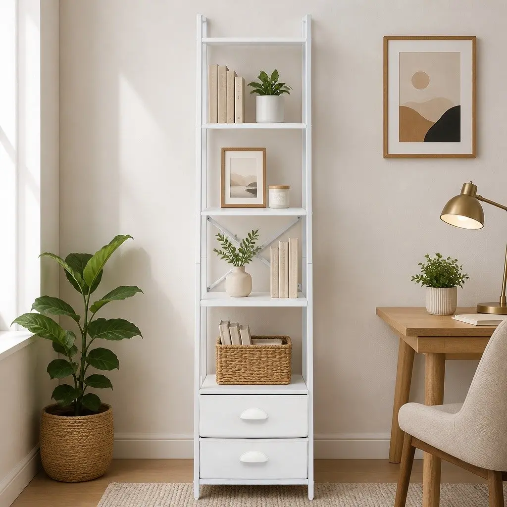 5 Tier Ladder Bookcase White Metal Frame Particle Board Shelves with Fabric Drawers