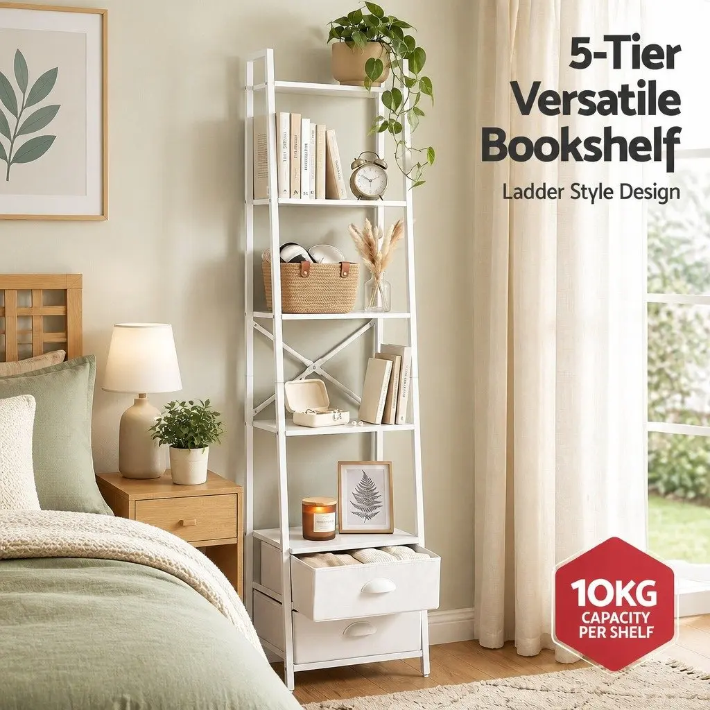 5 Tier Ladder Bookcase White Metal Frame Particle Board Shelves with Fabric Drawers