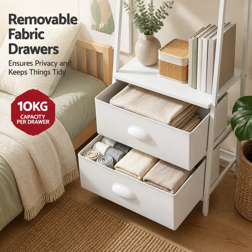 5 Tier Ladder Bookcase White Metal Frame Particle Board Shelves with Fabric Drawers
