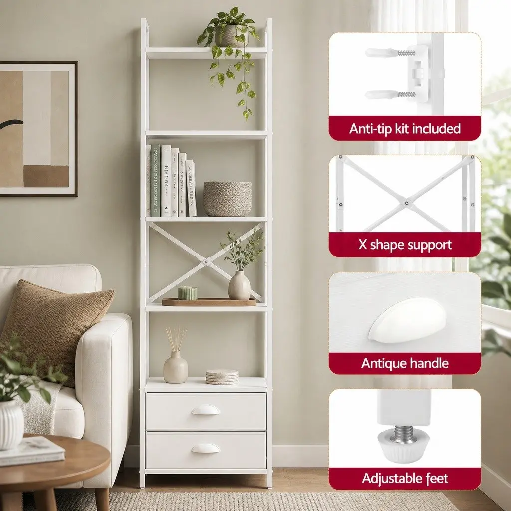 5 Tier Ladder Bookcase White Metal Frame Particle Board Shelves with Fabric Drawers