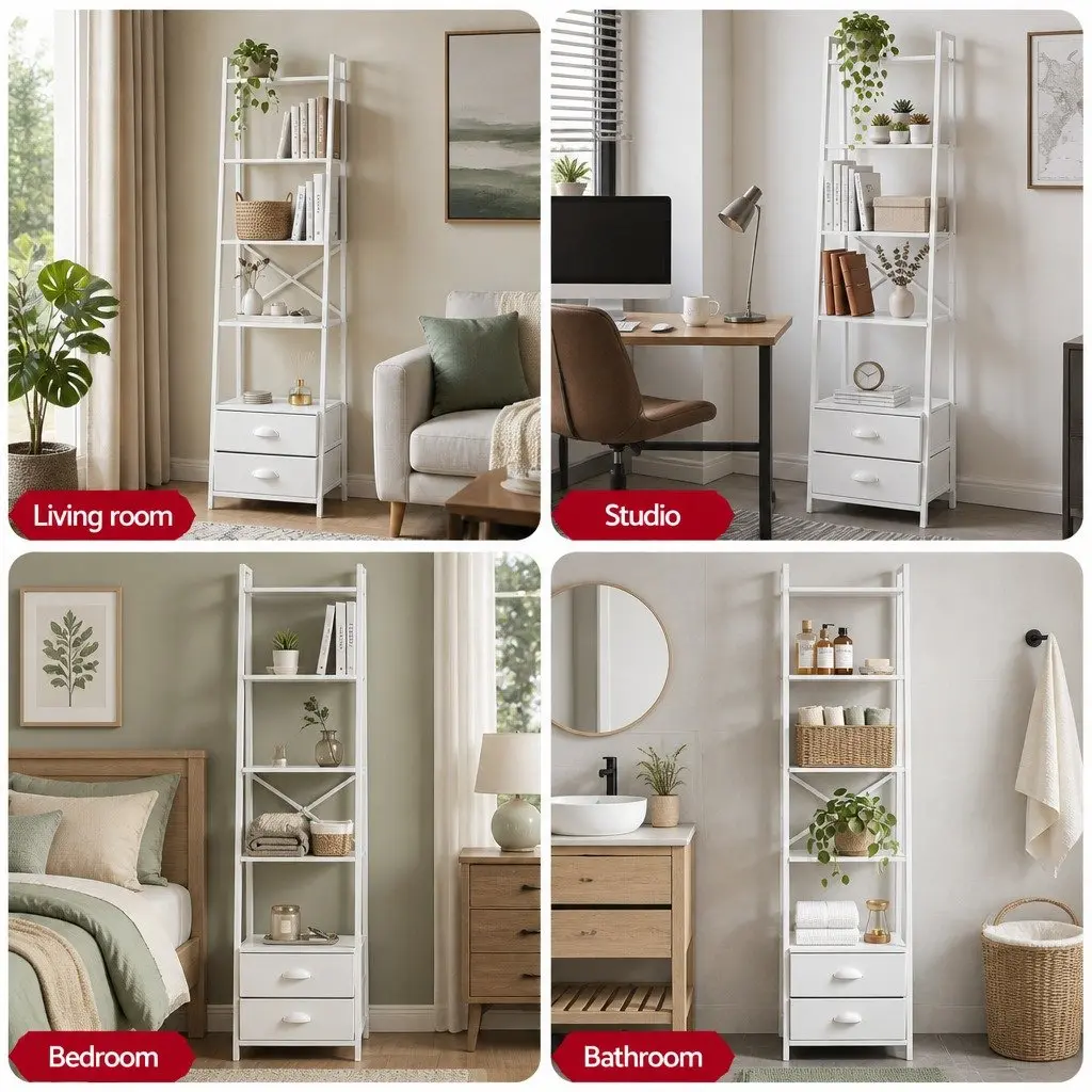 5 Tier Ladder Bookcase White Metal Frame Particle Board Shelves with Fabric Drawers