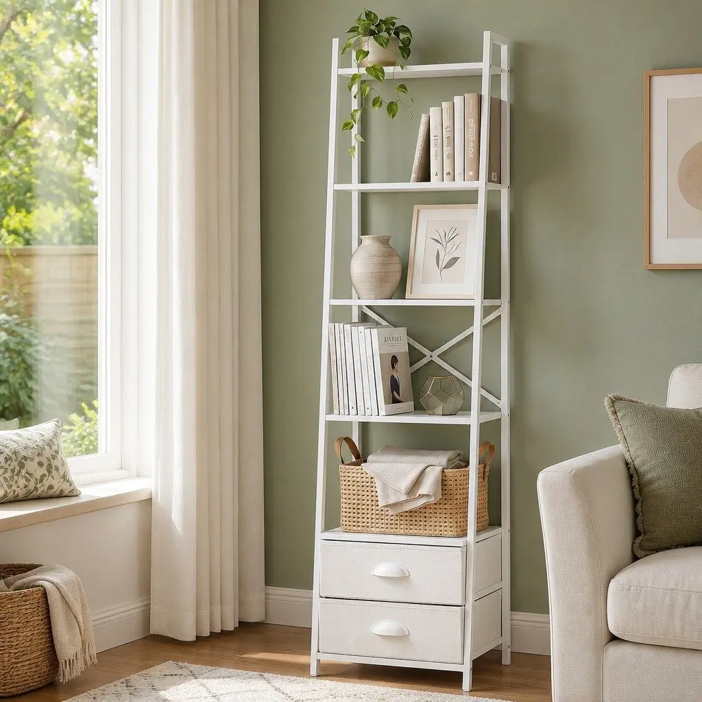 5 Tier Ladder Bookcase White Metal Frame Particle Board Shelves with Fabric Drawers
