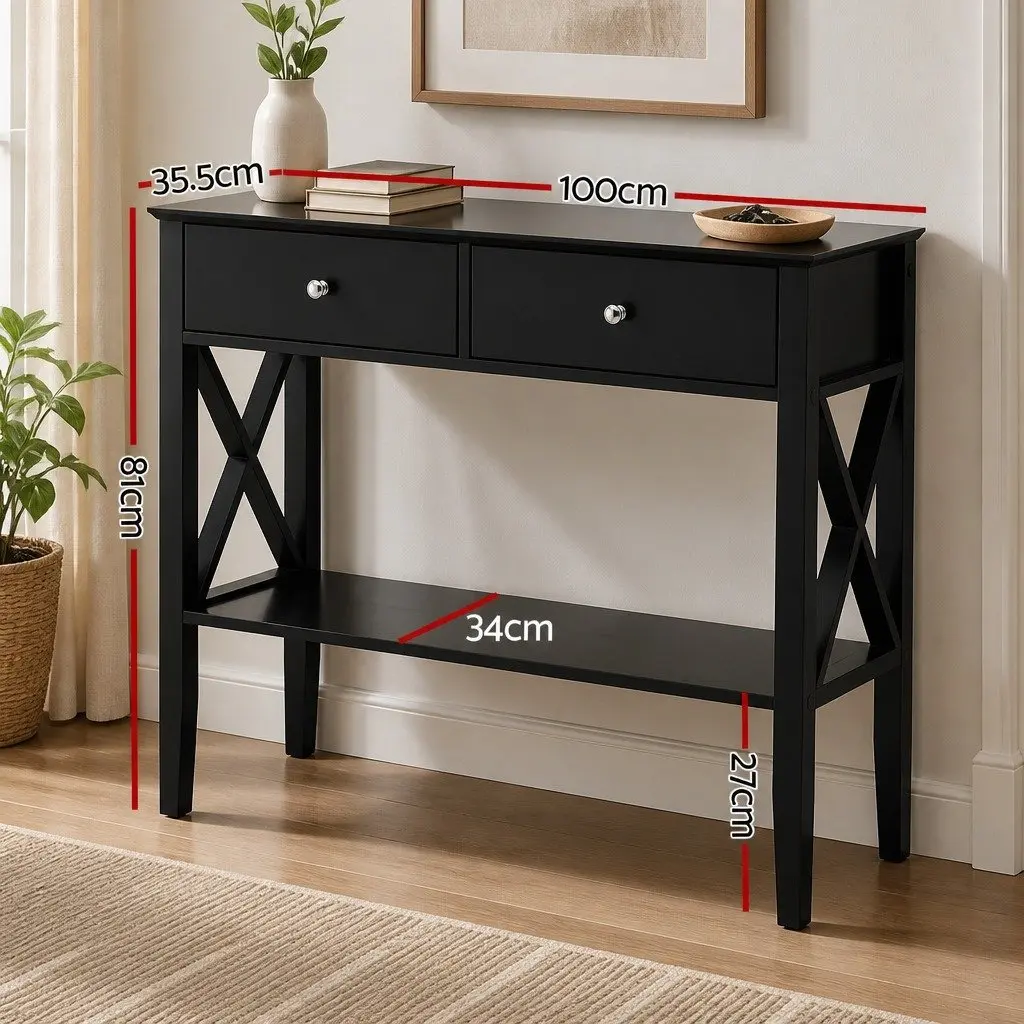 Console Table Minimalist 100cm Black E1 MDF 2 Drawers 2-Tier Open Shelf