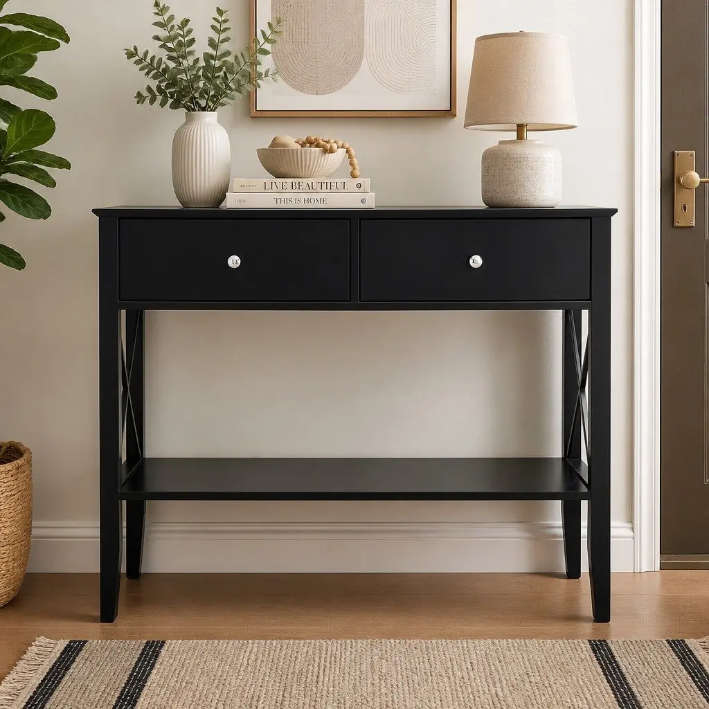 Console Table Minimalist 100cm Black E1 MDF 2 Drawers 2-Tier Open Shelf