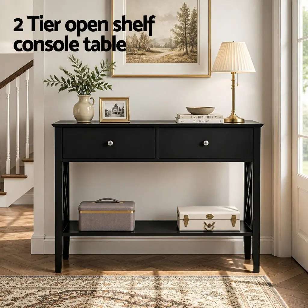 Console Table Minimalist 100cm Black E1 MDF 2 Drawers 2-Tier Open Shelf