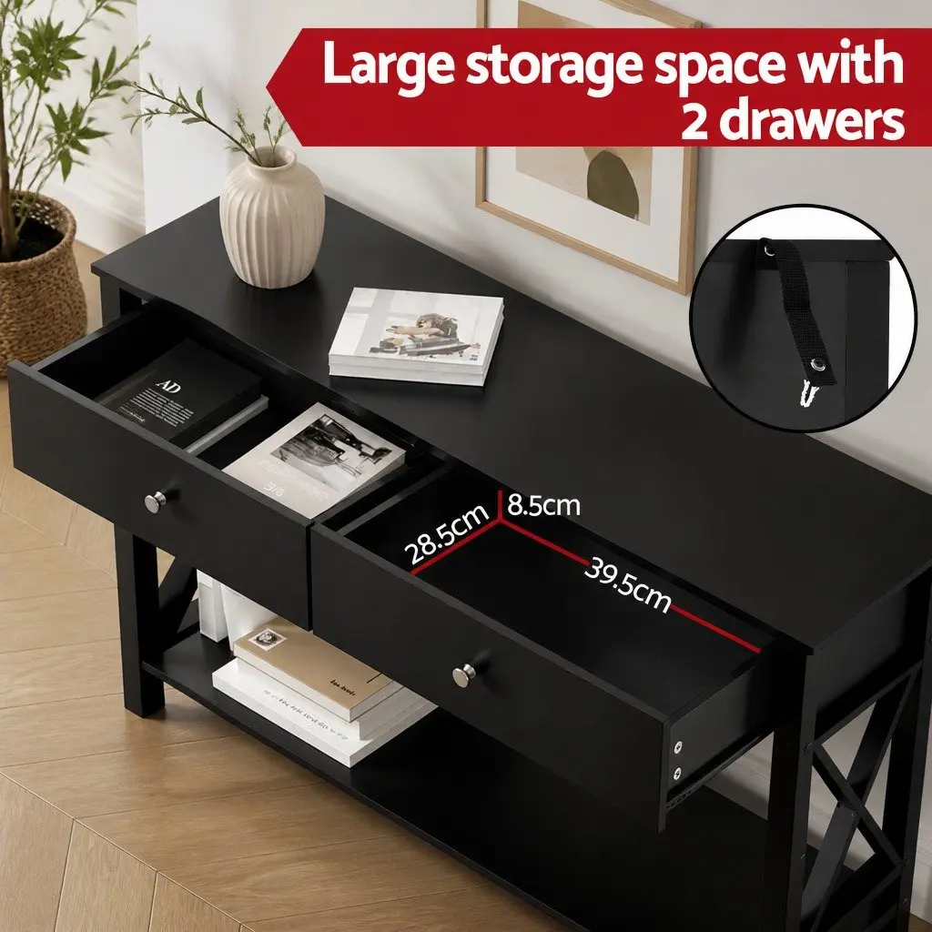 Console Table Minimalist 100cm Black E1 MDF 2 Drawers 2-Tier Open Shelf