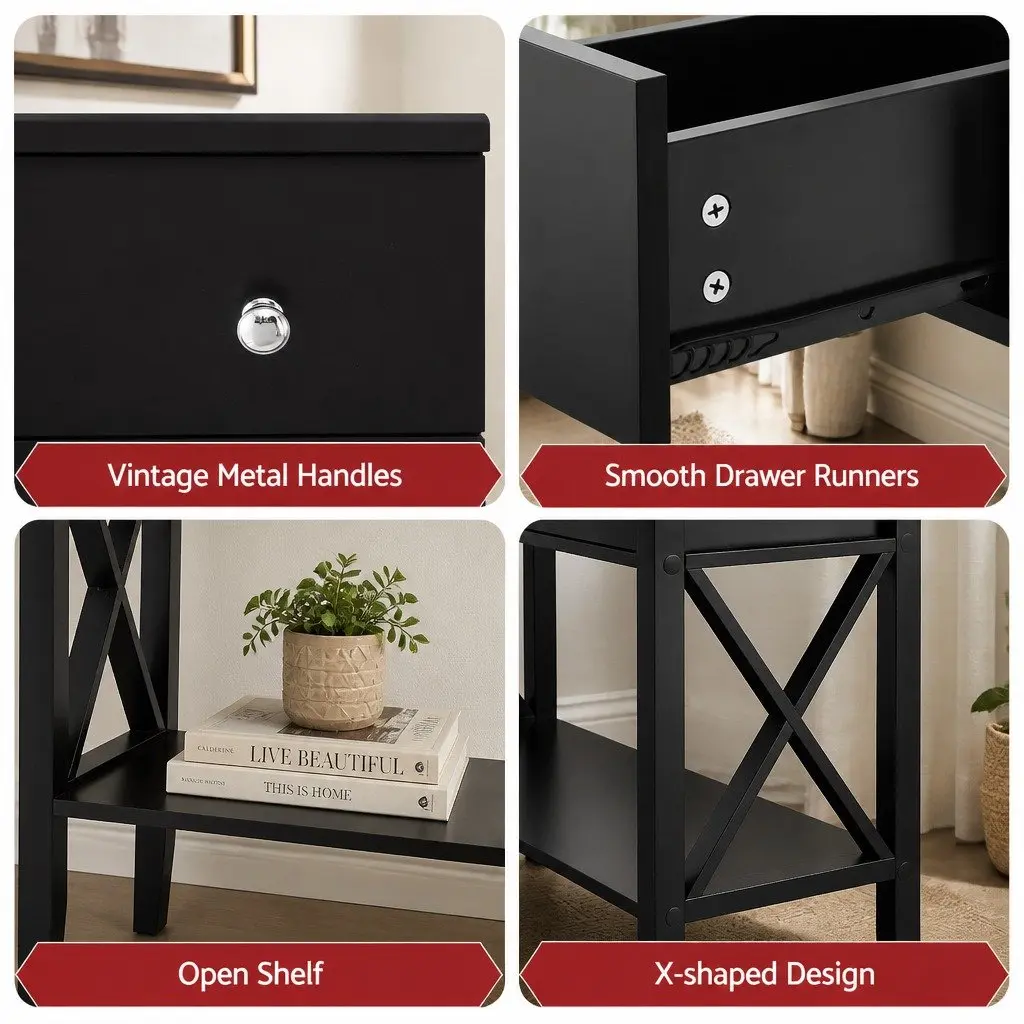 Console Table Minimalist 100cm Black E1 MDF 2 Drawers 2-Tier Open Shelf