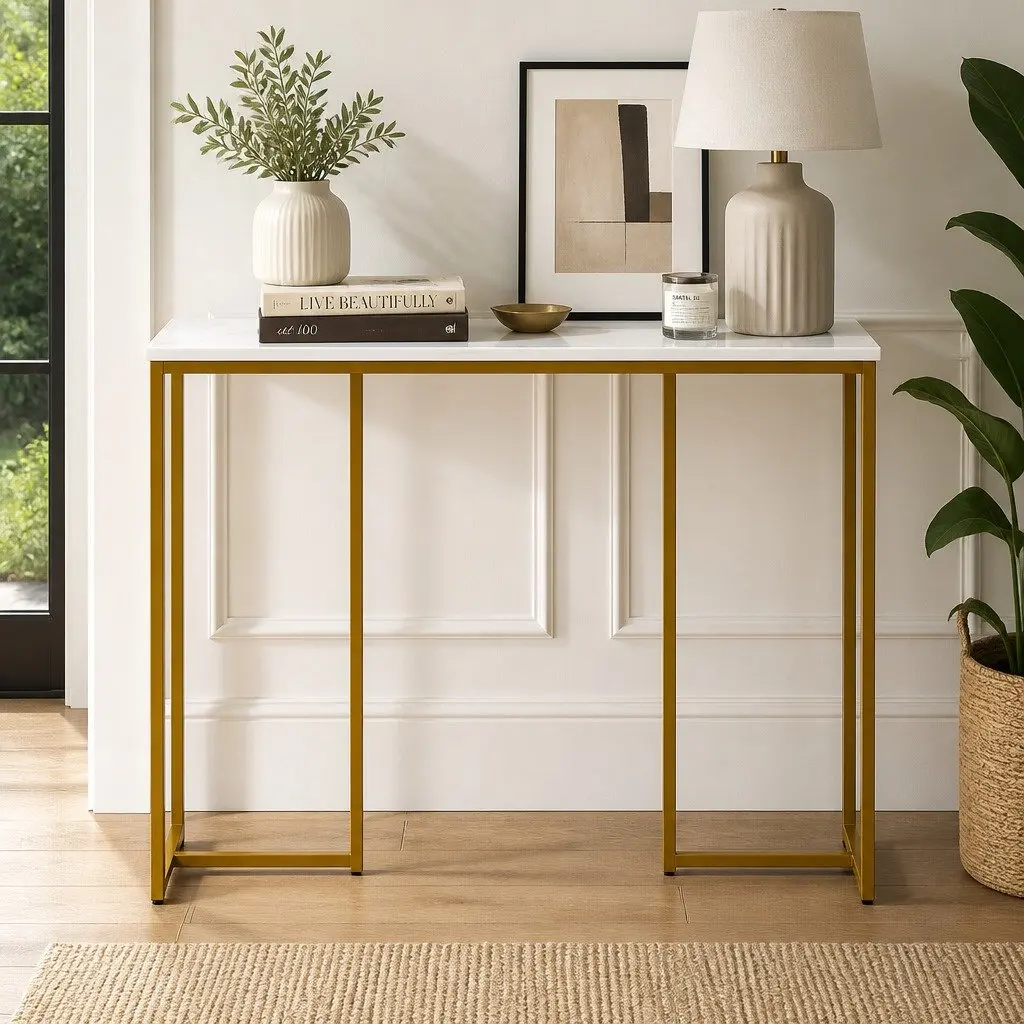 White Gold Marble Effect Console Table
