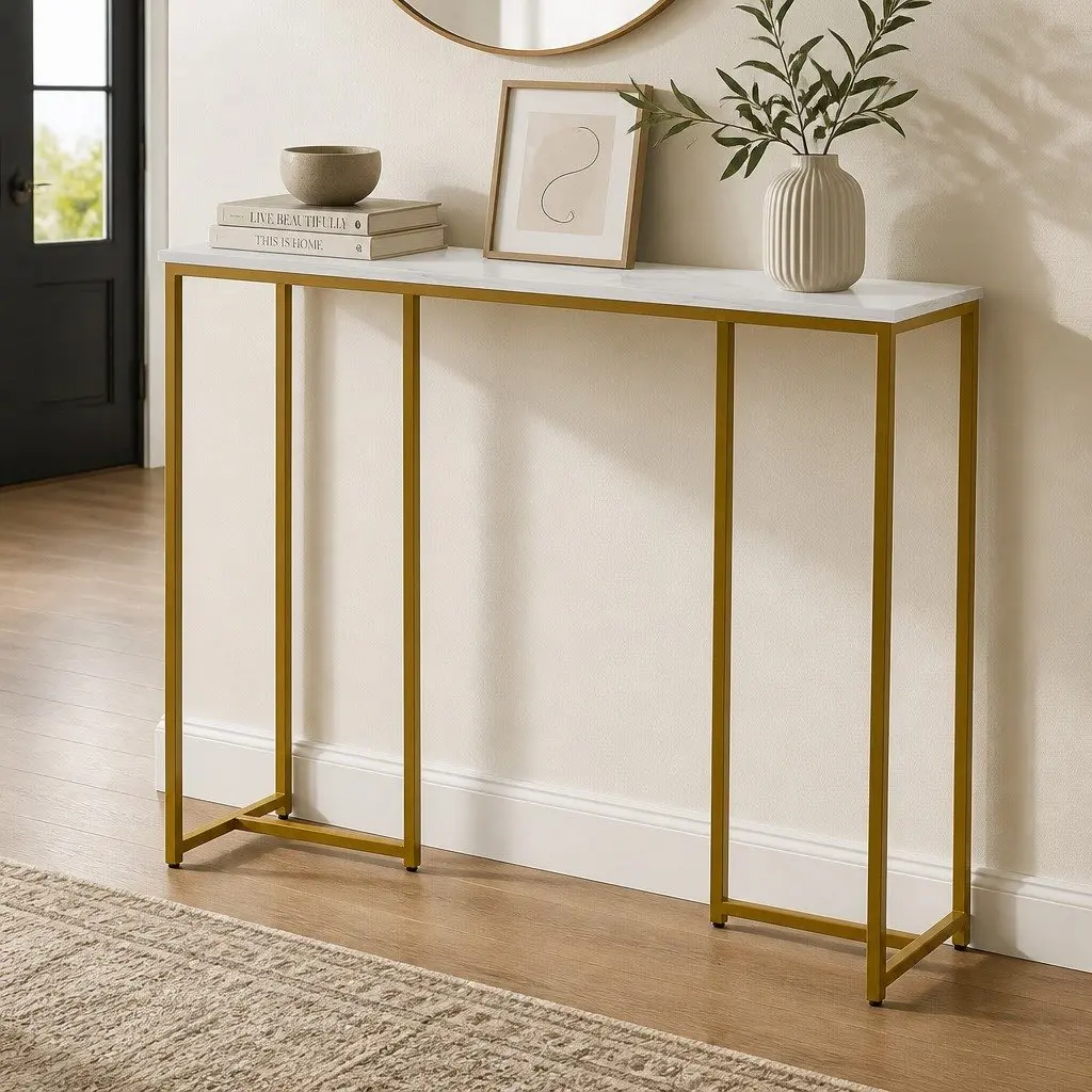White Gold Marble Effect Console Table